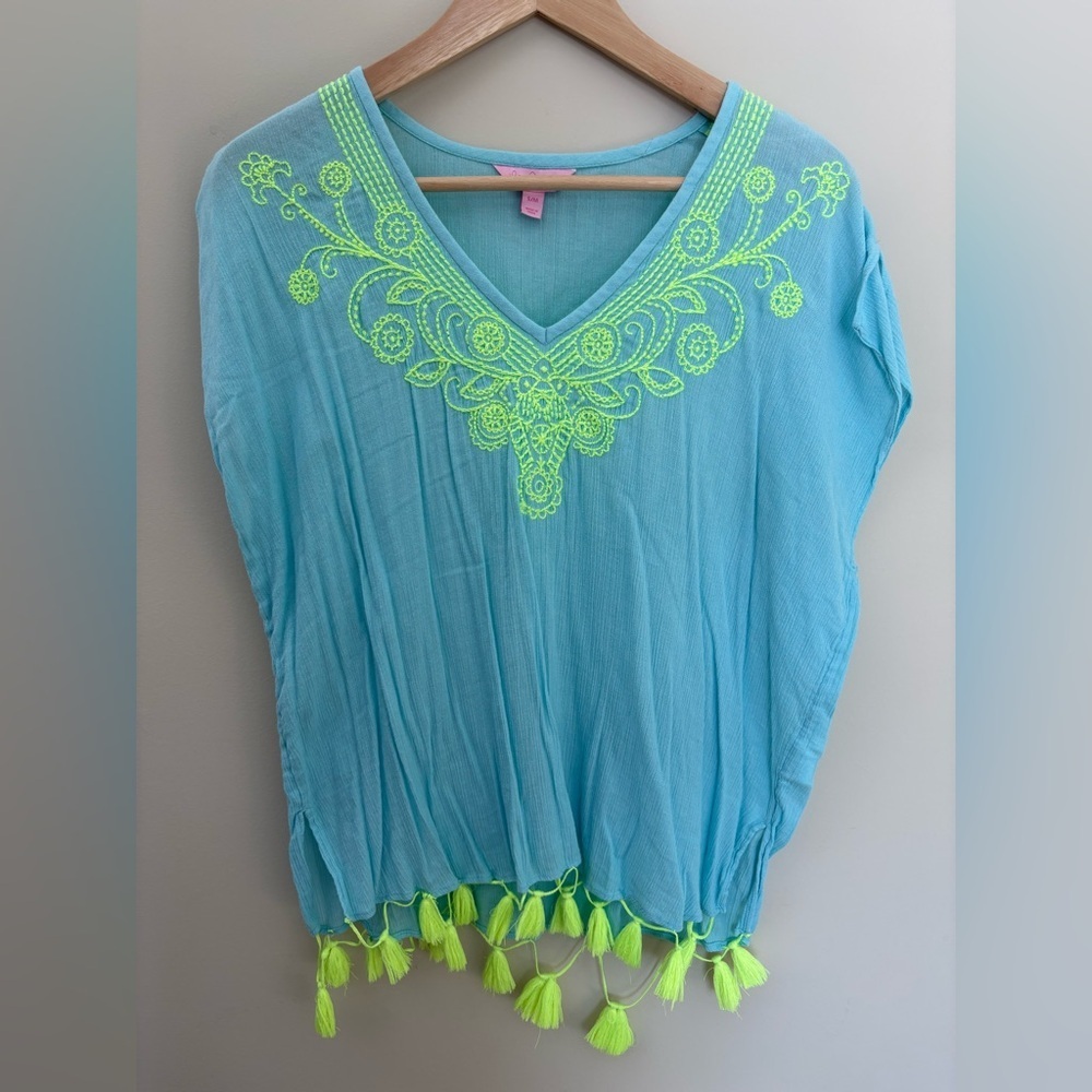 Lilly Pulitzer Kathleen Tunic Gauze Blue Tassel Trim Size S / M